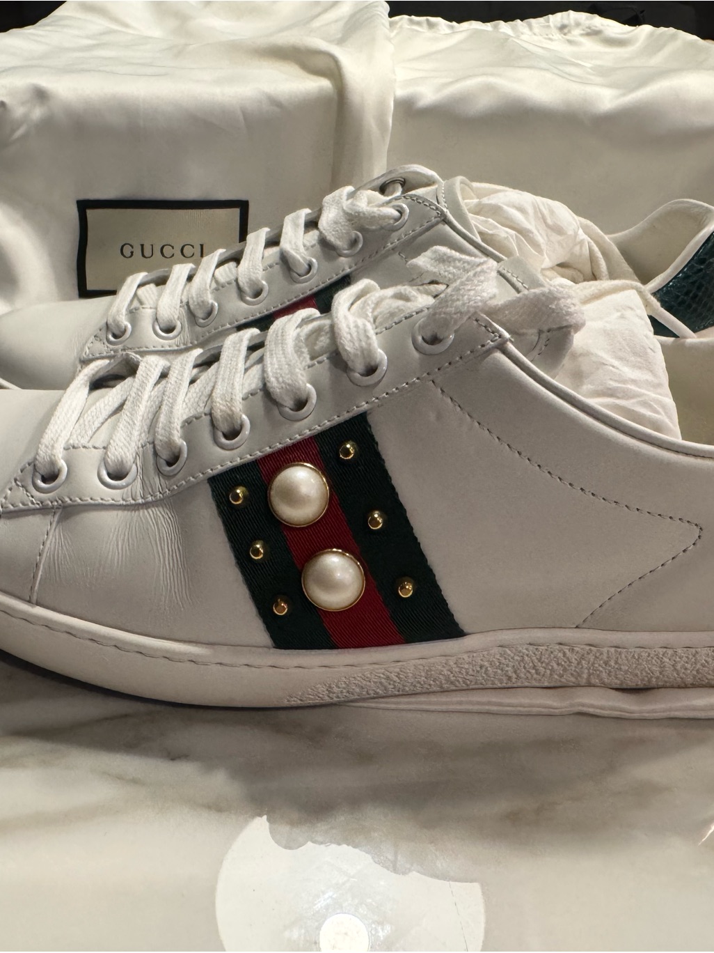 Gucci White Leather Sneakers With Signature Web & Pearls